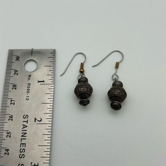 Boho Silver & Gold Tone Ball Dangle Earrings Lightweight Intricate Design - Picture 7 of 8